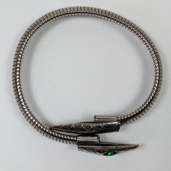 Vintage Silver Tone Wrap Around Snake Bracelet with Green Rhinestone Eyes - Picture 6 of 6